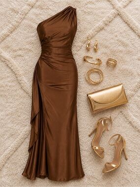 NWT OYS One-Shoulder Satin Maxi Dress – Chocolate Brown | Size Small